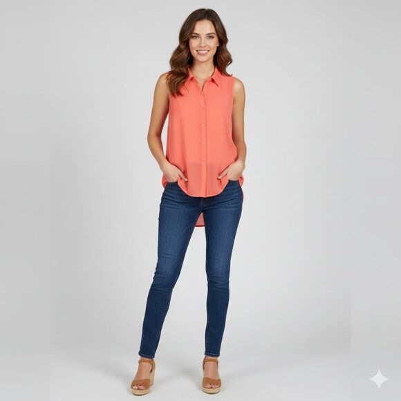 Nado Women's Blouse Sheer Button Down Front Collared Flowy Sleeveless Orange S - Picture 4 of 13